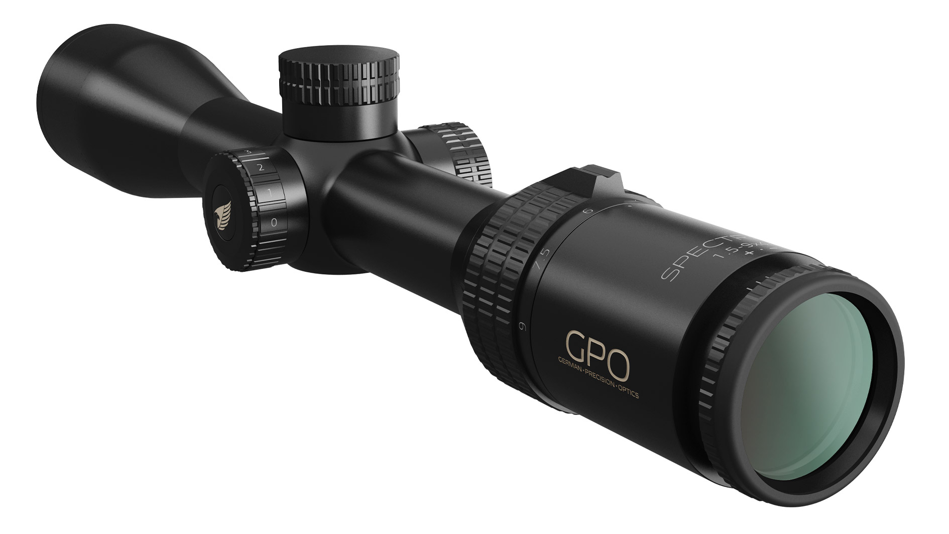 Zielfernrohr GPO Spectra 6x 1,5-9x44i, schräge Frontansicht rechts