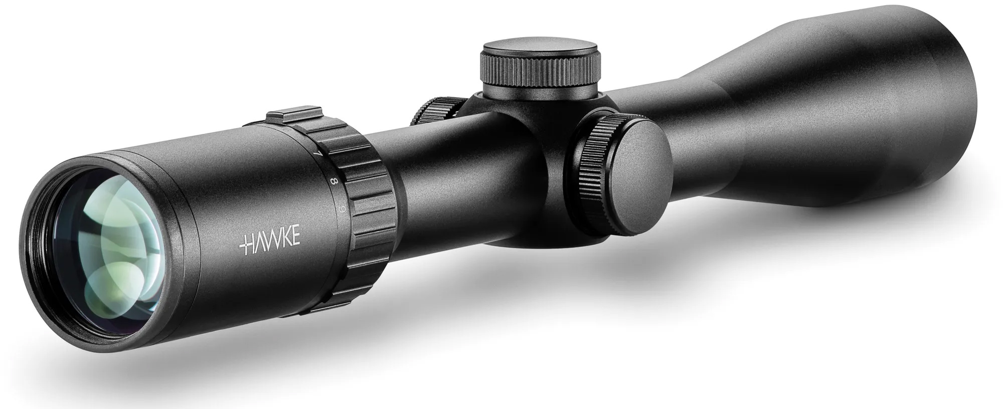 Vantage 30 WA 3-9x42 von Hawke, zeigt das Okular des Zielfernrohrs von links mit Linse und Seite