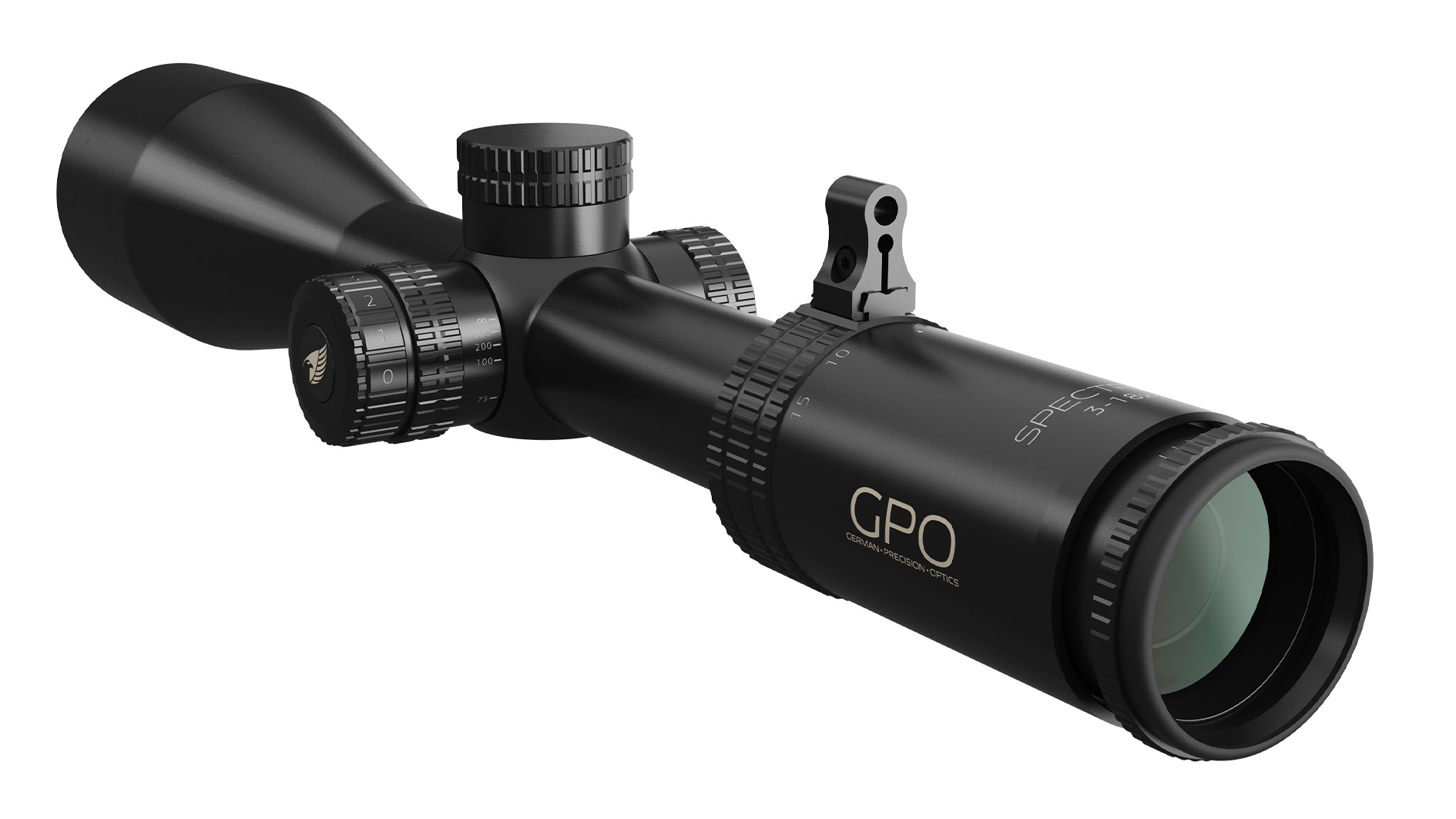 Zielfernrohr GPO Spectra 6x 3-18x56i, schräge Rückansicht mit Throw Lever
