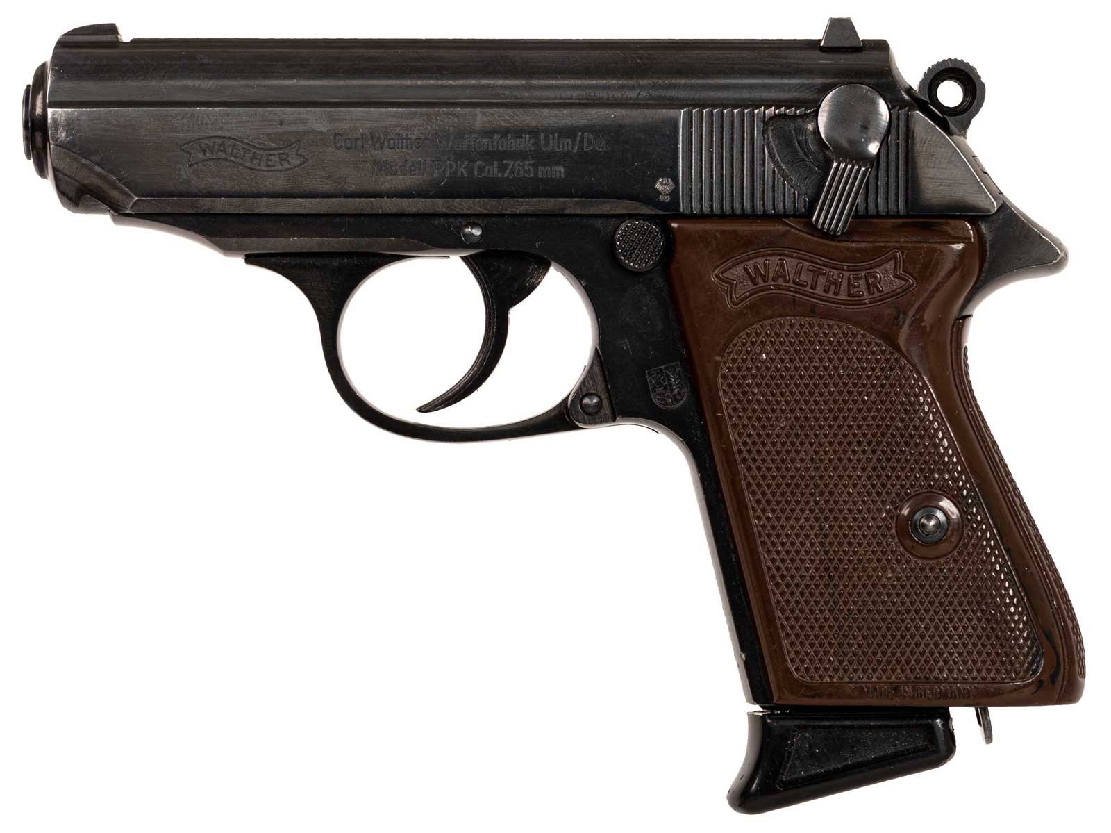 walther ppk linke ansicht klassischer kompaktpistole im kaliber 7 65mm browning inklusive zweitem magazin