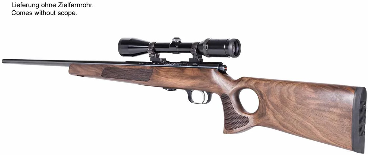 Weihrauch HW 66 Produktion Thumbhole, von der Kamera weggeneigt, Maserung des Holzschaftes sehr gut zu erkennen