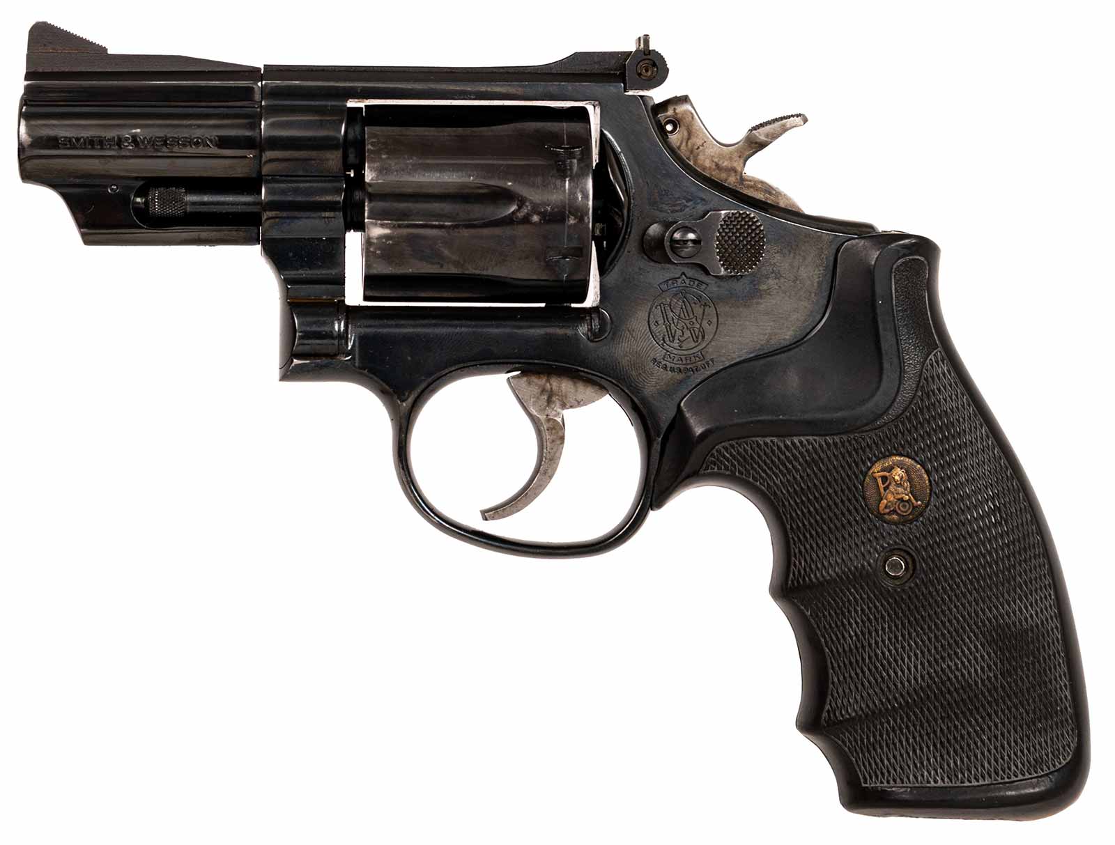 Smith & Wesson Mod. 19, LL 2,5 Zoll mit Lederholster und Pachmayr-Griff, linke Ansicht