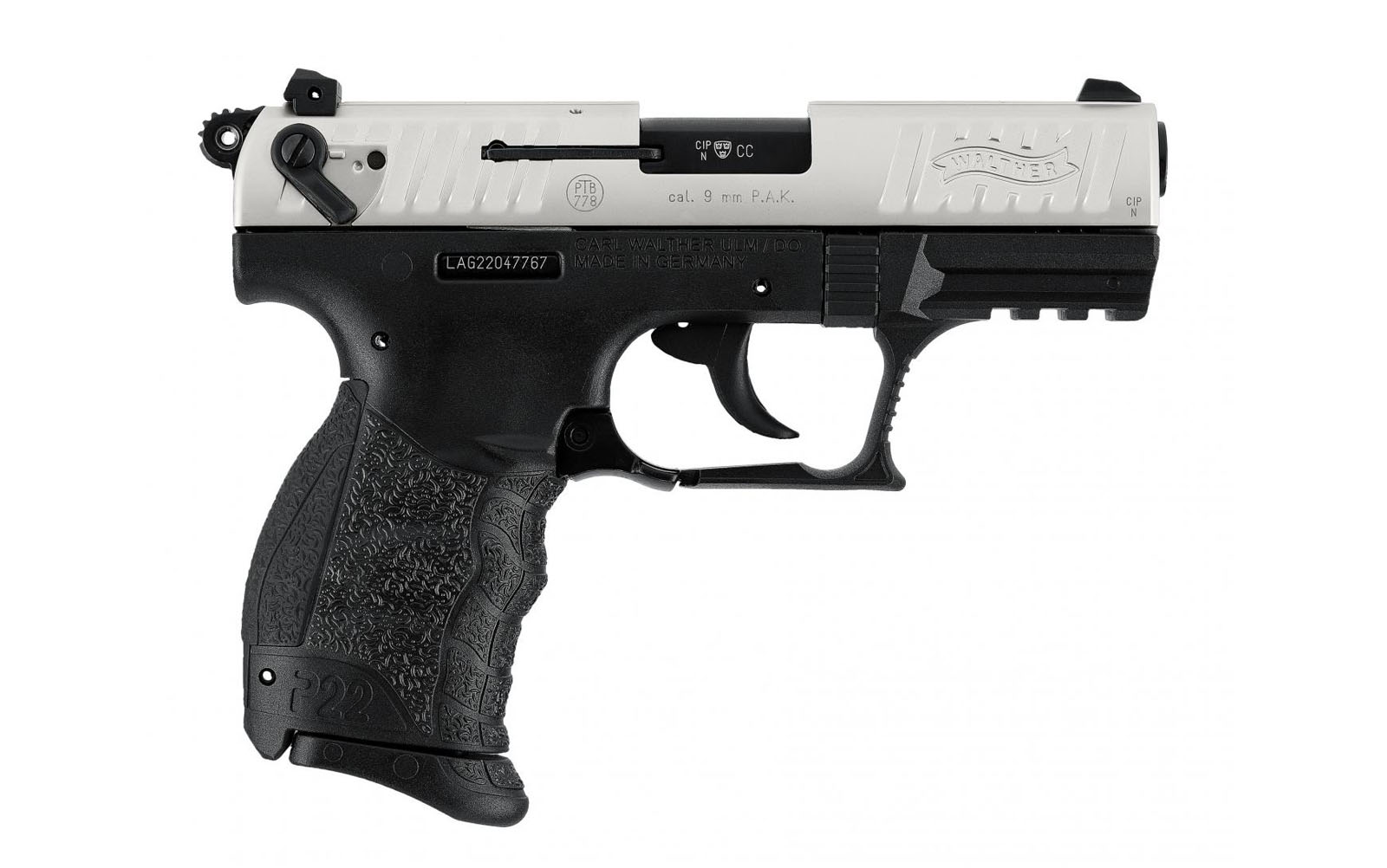von rechts: Schreckschusspistole Walther P22Q  Hi Grip® Griffstück  Metallschlitten  Made in Germany 