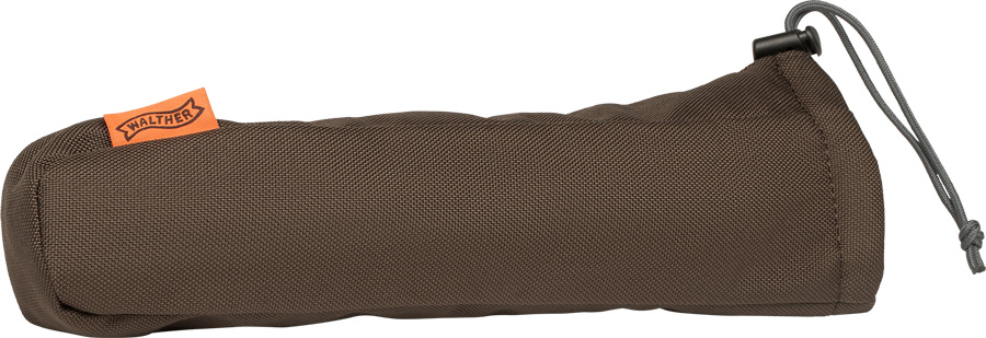 RS3 Schalldämpfer Heat Cover in Dunkelbraun, auf der Seite liegend und mit Zugkordel