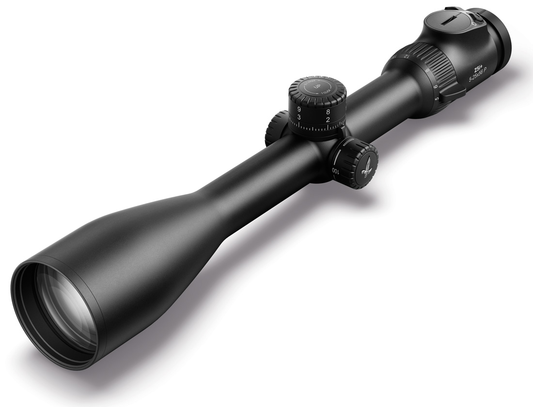 Swarovski Z5i+ 5-25x56 P BT L, Ansicht von schräg vorn oben auf das Zielfernrohr, mit Ballistikturm, Paralaxenausgleich