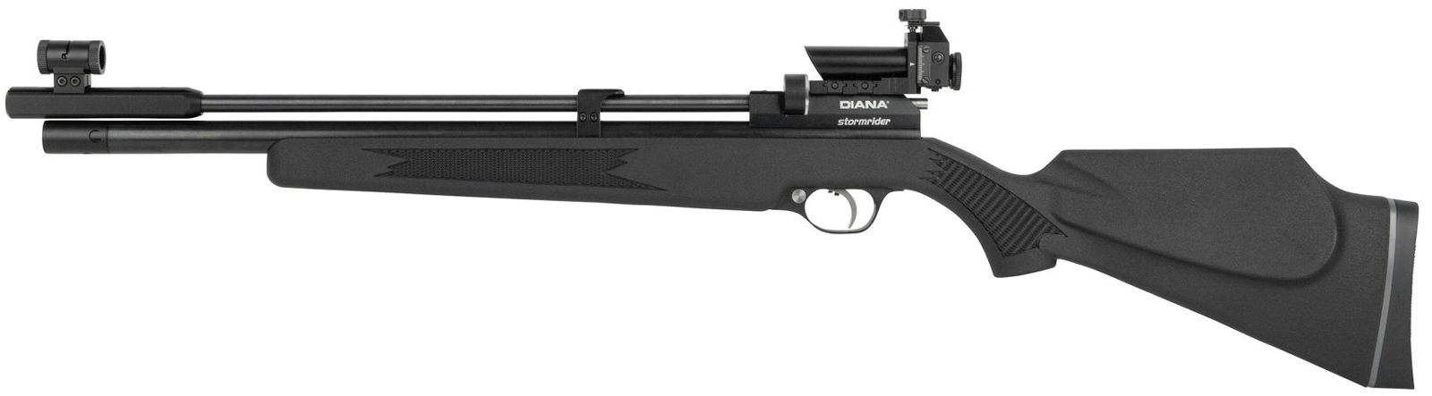 Diana Stormrider Sport Luftgewehr von links in leicht gedrehter Ansicht, sodass Schaft, Lauf und Diopter aus schrägem Winkel sichtbar sind.