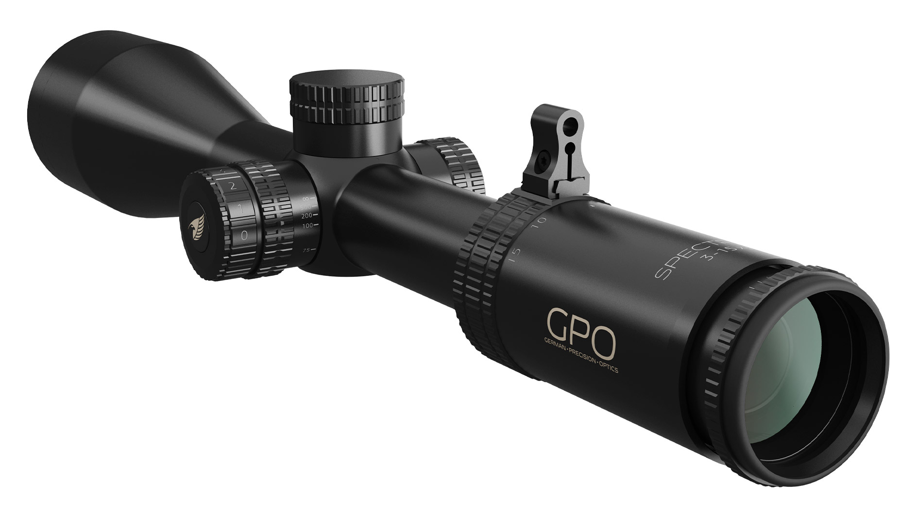 Zielfernrohr GPO Spectra 5x 3-15x56i, schräge Frontansicht rechts mit Throw Lever