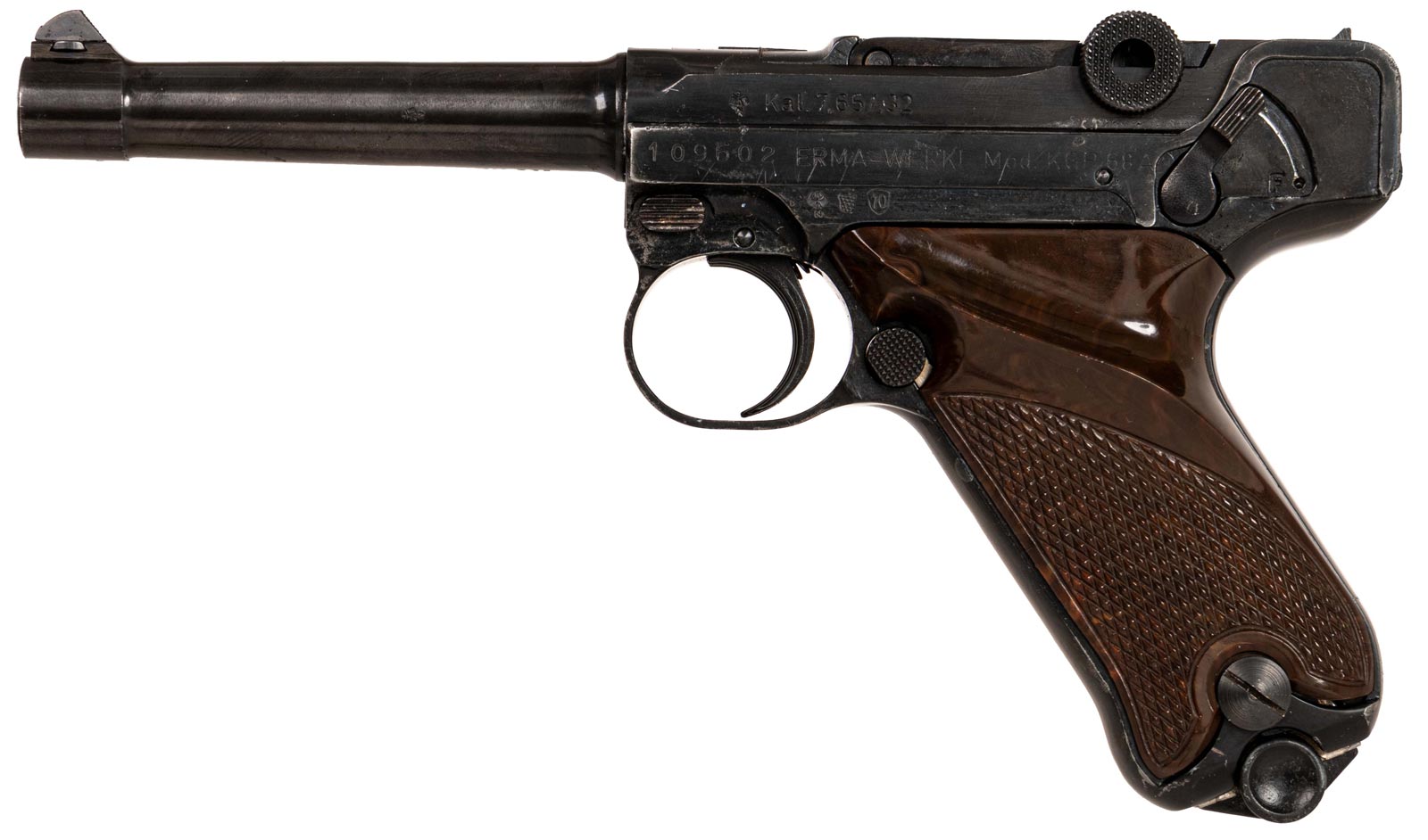 erma kgp 68 a linke ansicht halbautomatische pistole im kaliber 7 65mm browning mit zweitem magazin