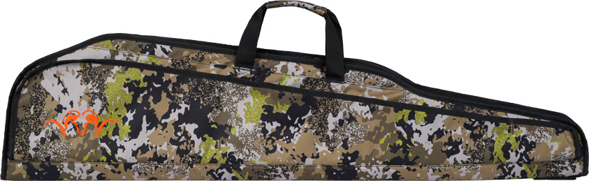 Rechte Seitenansicht des Blaser Futterals Essential in HunTec CAMO aus strapazierfähigem Polyester mit Tragegurt und Reißverschluss.