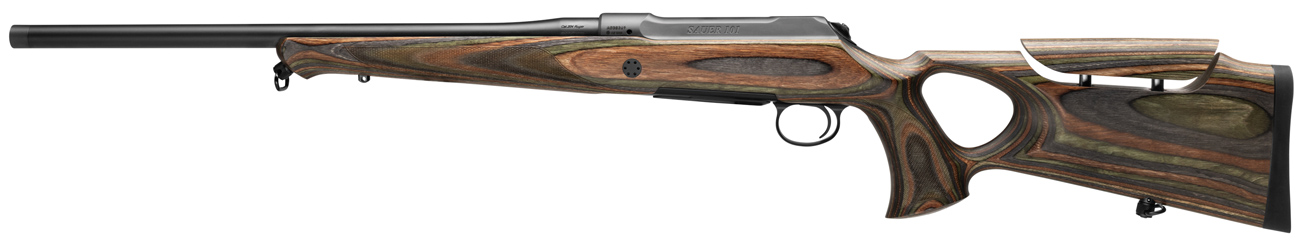 Sauer 101 Wolverine, Repetierbüchse mit Lochschaft aus Holz sowie einem verstellbaren Schaftrücken zur individuellen Anpassung, abgebildet ist die S101 Wolverine von der linken Seite