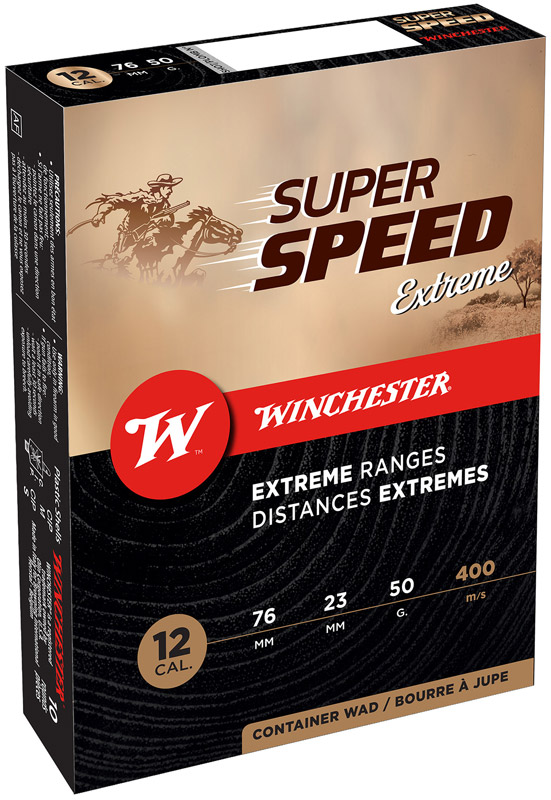 Verpackung der Winchester Super Speed Extreme Speed 12/76 in 3,9 mm und 50 g, in metallischem Hellton mit rotem Design.