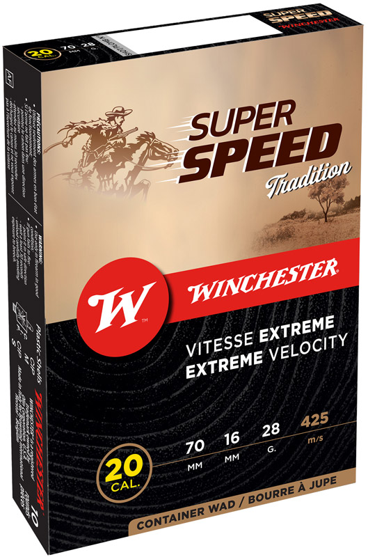 Verpackung der Winchester Super Speed Extreme Speed 20/70 in 3,1 mm und 28 g, in metallischem Hellton mit rotem Design.