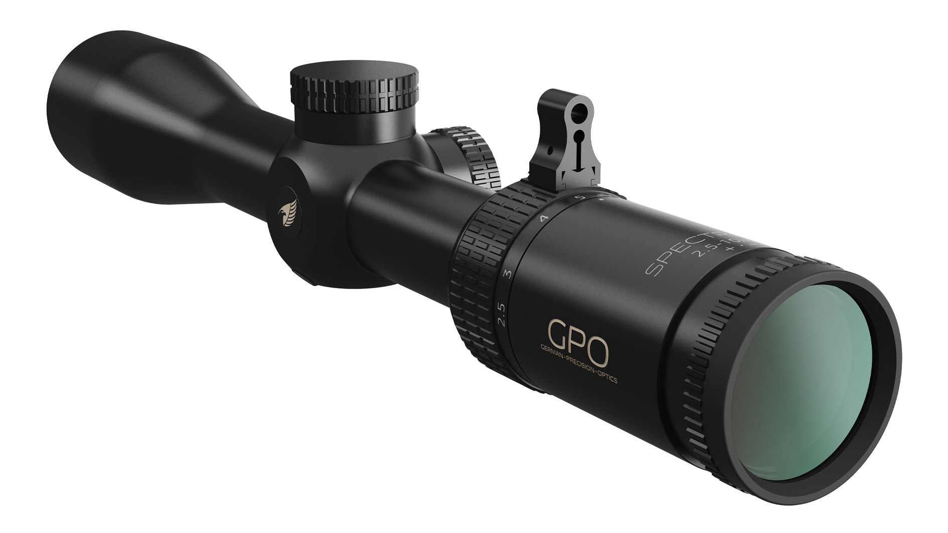 Zielfernrohr GPO Spectra 4x 2,5-10x44i, schräge Vorderansicht rechts mit Throw Lever