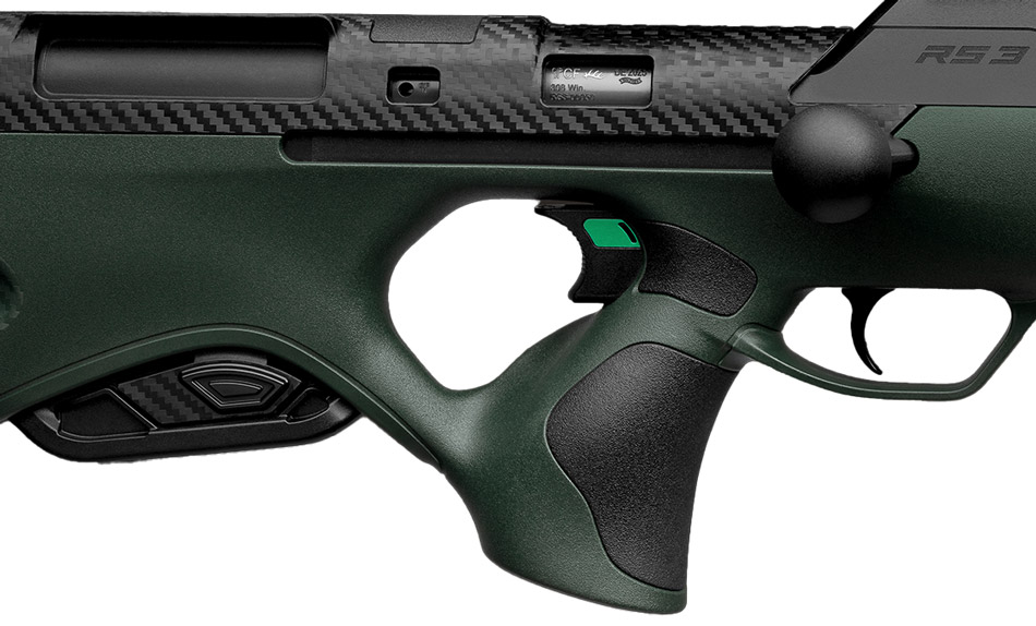 Walther RS3 Pro Pine, Detailansicht auf den besonderen Handspanner der im Daumenloch des Schaftes liegt und für eine intuitive Bedienung sorgt