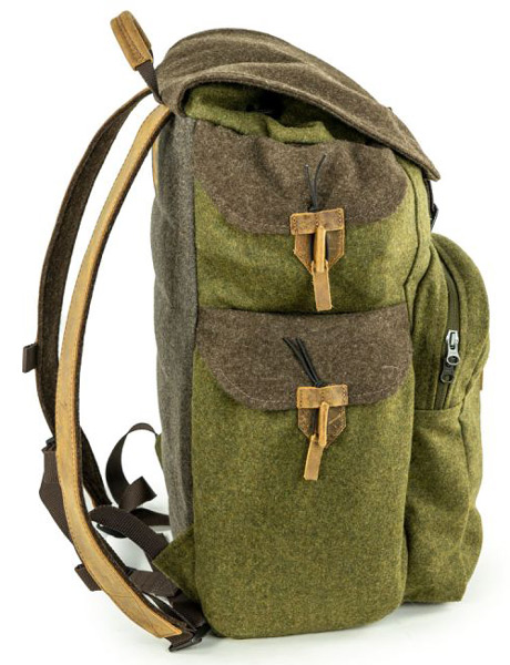 Jagdrucksack Optikauz von Waldkauz, Seitenansicht des Loden Jagdrucksacks