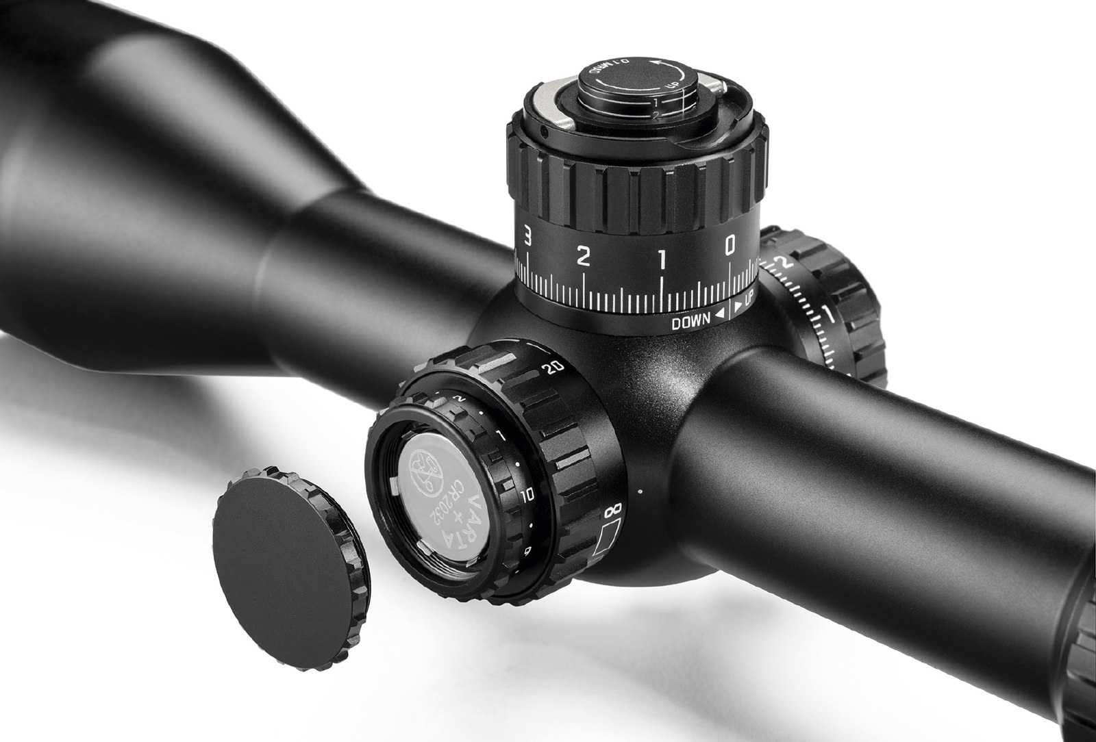 Zielfernrohr Leica PRS 5-30x56i, Detailansicht Ballistikturm mit Batterieeinsatz