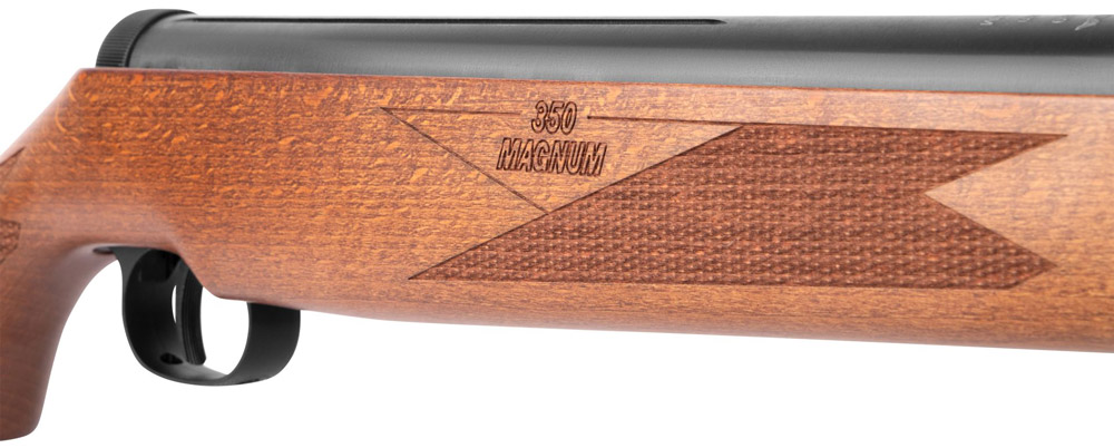 Diana freie Waffe Luftgewehr 350 Magnum Premium T06, Ansicht Vorderschaft Logo und Fischhaut