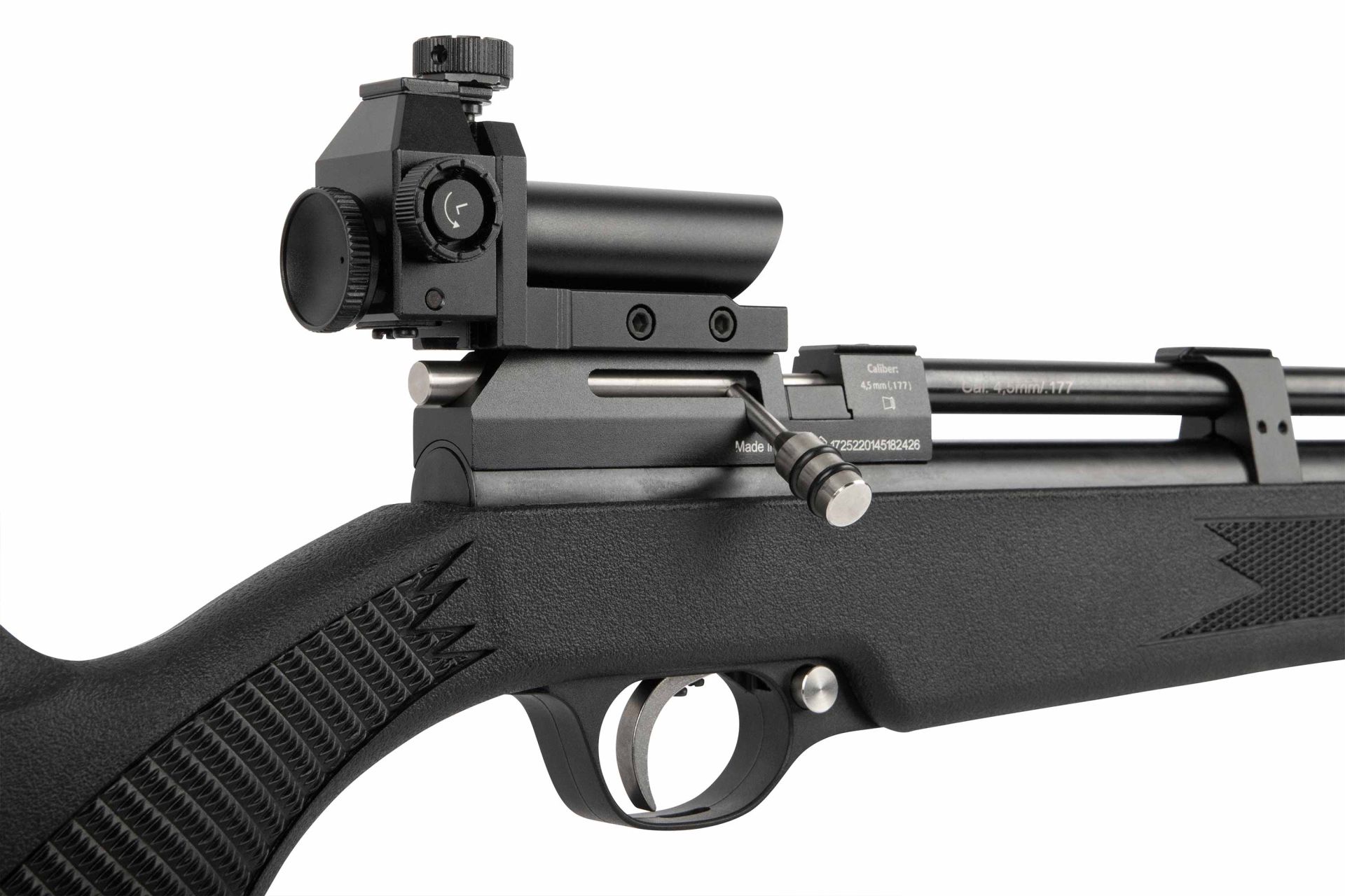 Diana Stormrider Sport Luftgewehr mit schwarzem Schaft, montiertem Diopter und sichtbarem Systemkasten in seitlicher Detailansicht.