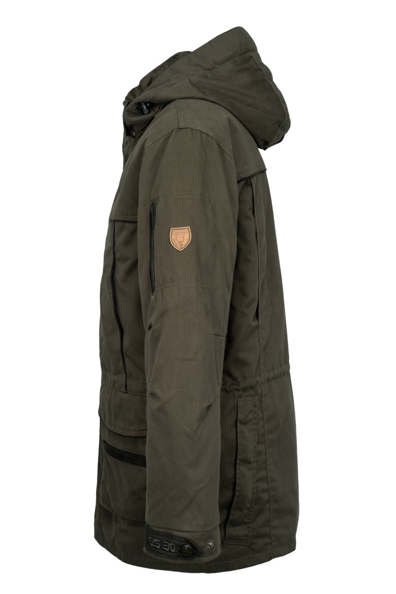 Hubertus Herrenjacke Hirschfänger, mit Kaputze, Ansicht von der linken Seite, mit Logo auf dem Ärmel