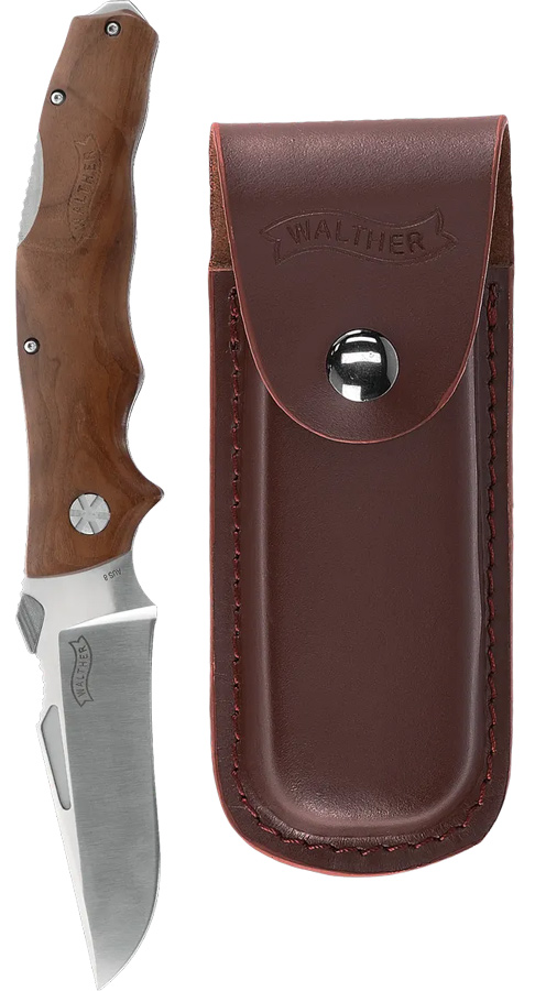 Walther Klappmesser AFW mit braunem Holzgriff und geöffneter Klinge neben braunem Lederetui mit Walther-Prägung und Druckknopfverschluss.
