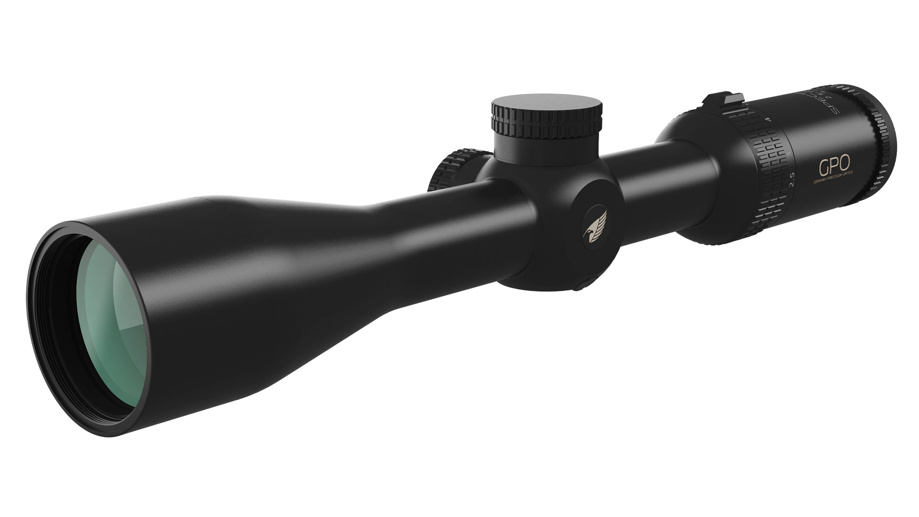 Zielfernrohr GPO Spectra 4x 2,5-10x44i, schräge Vorderansicht links ohne Throw Lever