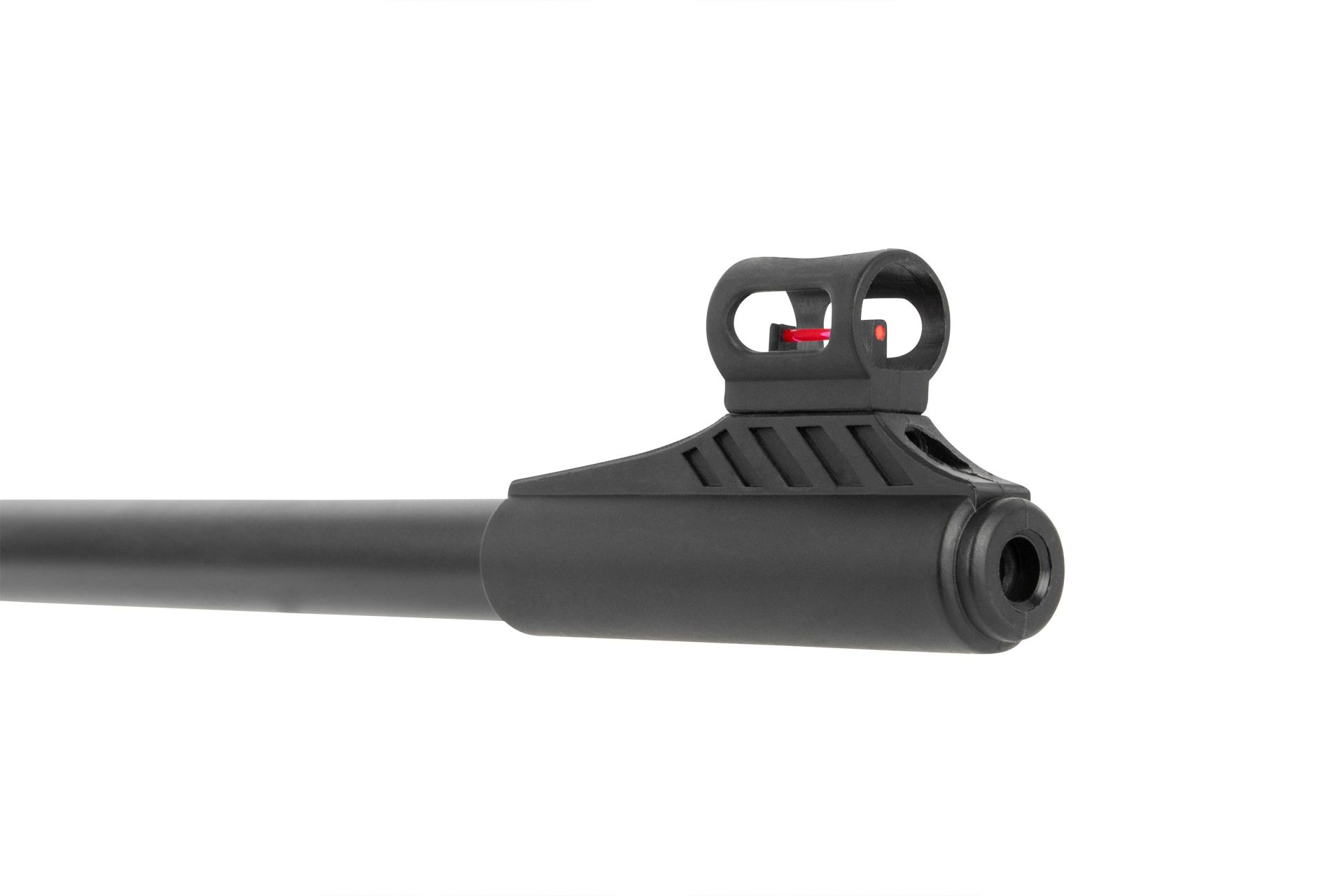 Detailansicht der vorderen Visierung des Diana 34 Panther Professional mit Kornschutz, rotem Visierpunkt und Laufende.