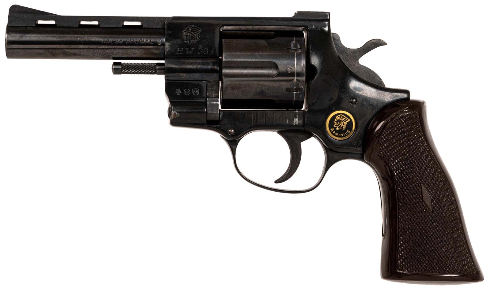 arminius hw 38 revolver linke ansicht mit feststehender visierung im kaliber 38 special inklusive lederholster