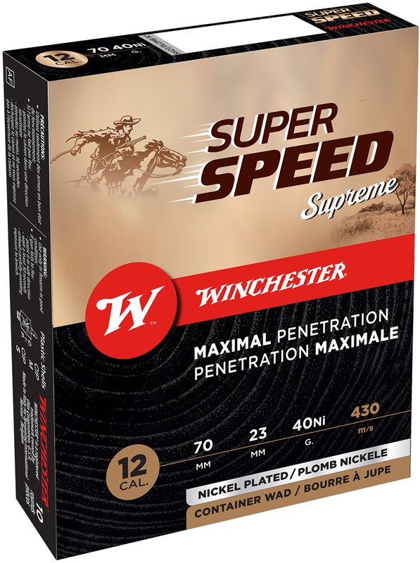 Verpackung der nickelbeschichteten Winchester Super Speed Extreme Speed Ni 12/70 in 2,9 mm und 40 g, in metallischem Hellton mit rotem Design.