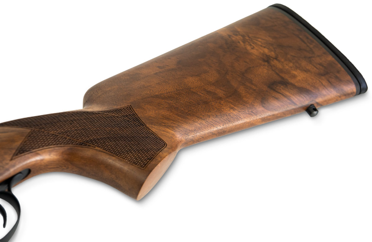 detailaufnahme schaft akkar churchill 812e hunting black ergonomischer schwarzer polymerschaft