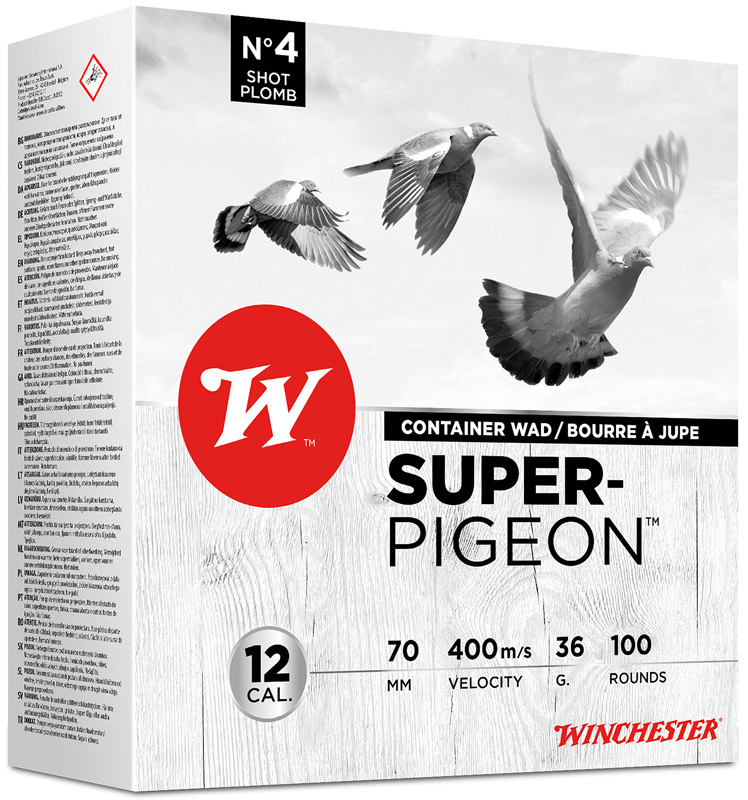 Weiße Verpackung der Winchester Super Pigeon 12/70 mit Taubenmotiv