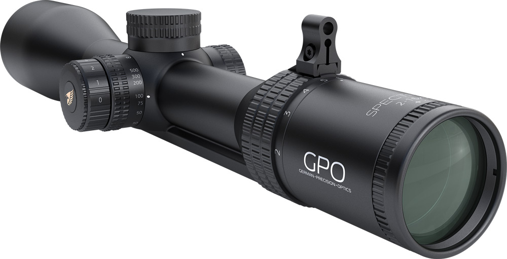GPO Spectra 8x 2-16x50i, Allreound Zielfernrohr von GPO, abgebildet von der Okularseite, mit Throw Lever und Schiene