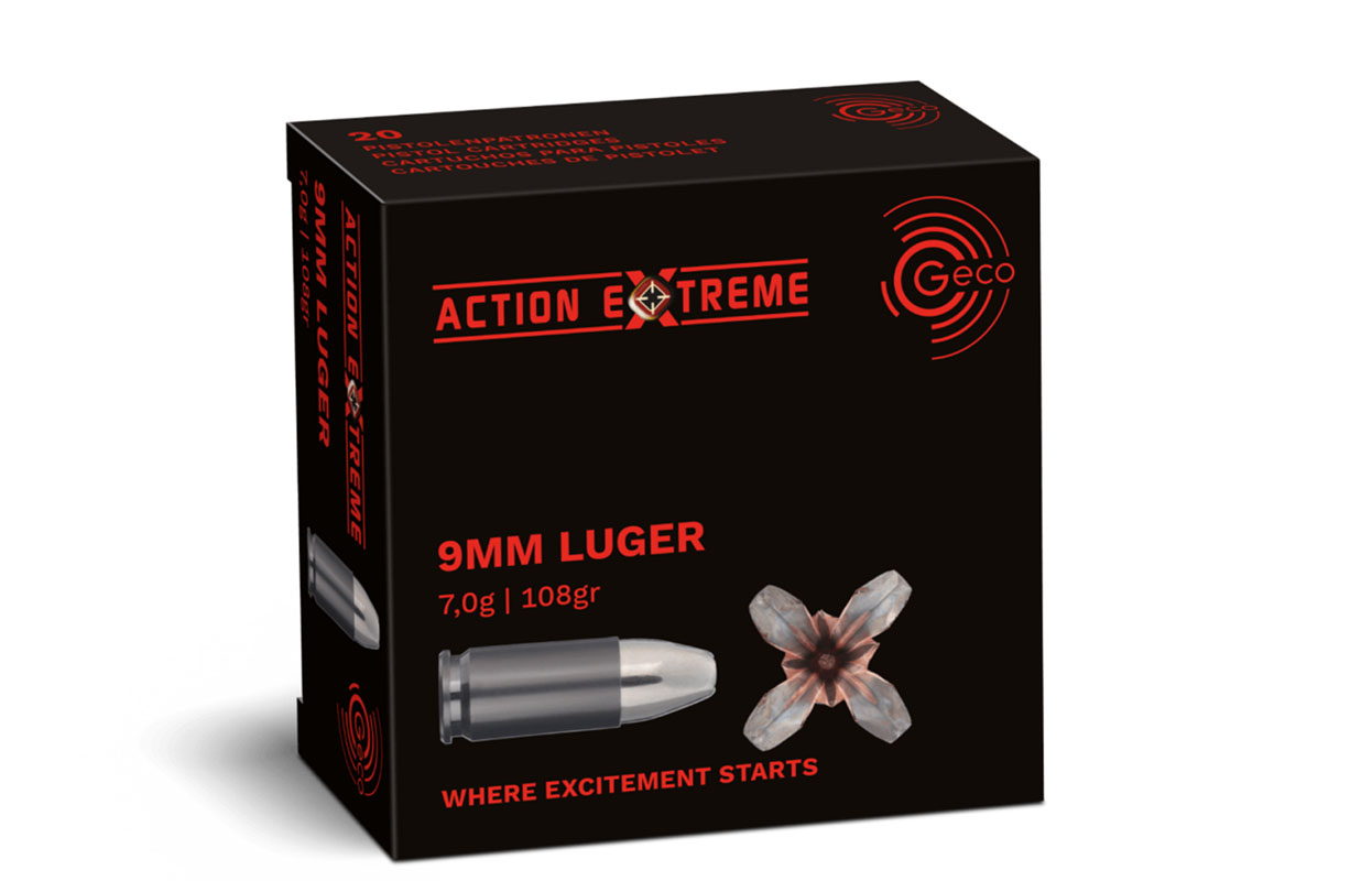 Geco Munition Geco Action Extreme 9 mm Luger (7,0 g – 108 grs.) Kurzwaffenpatronen Ideal für den jagdlichen Fangschuss und Schießsport 100 % Restgewicht