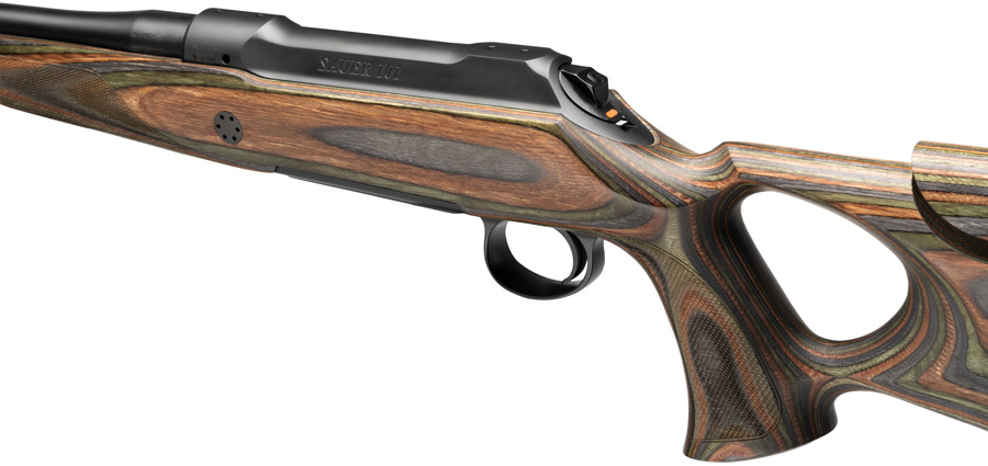 Sauer 101 Wolverine, Abzug und Vorderschaft sowie Kammer des Repetierers von der linken Seite, auch der Lochschaft ist zu sehen