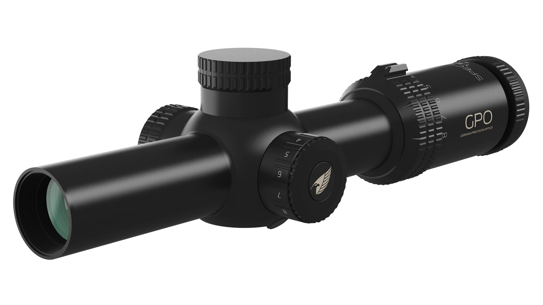Zielfernrohr GPO Spectra 8x 1-8x24i, schräge Rückansicht