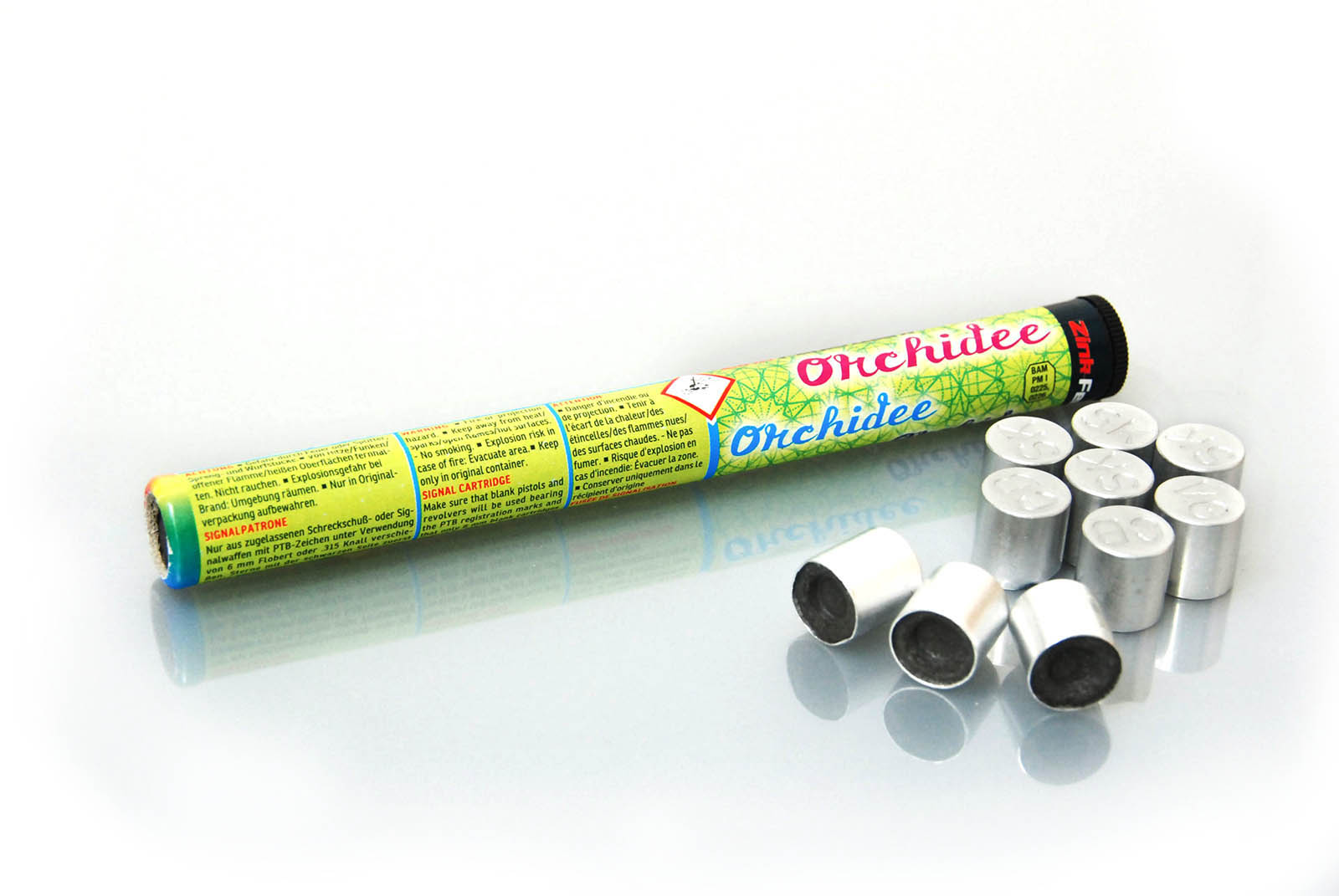 Zink Silvester-Munition Signalsterne Orchidee  10 Signalsterne mit Silberschweif und bunten Farbperlen im Kaliber 15mm.