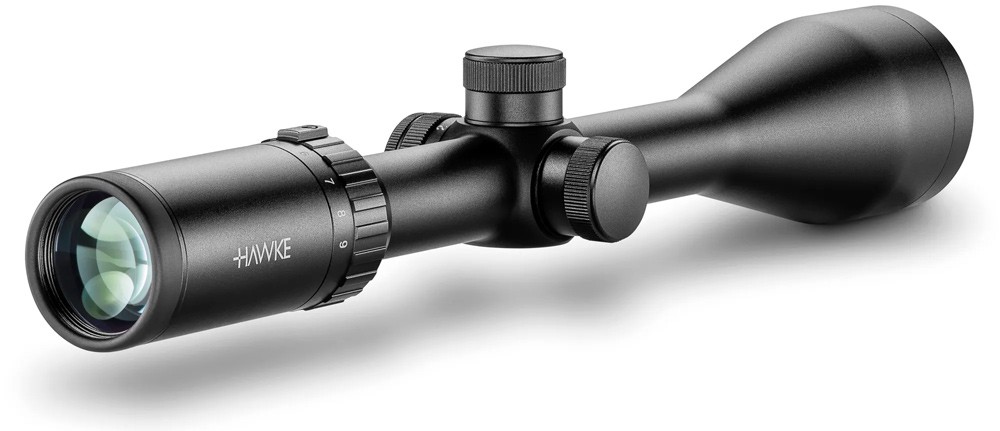 Das Vantage IR 3-9x50 von Hawke in mattschwarzer Farbe von der Okularseite her abgebildet
