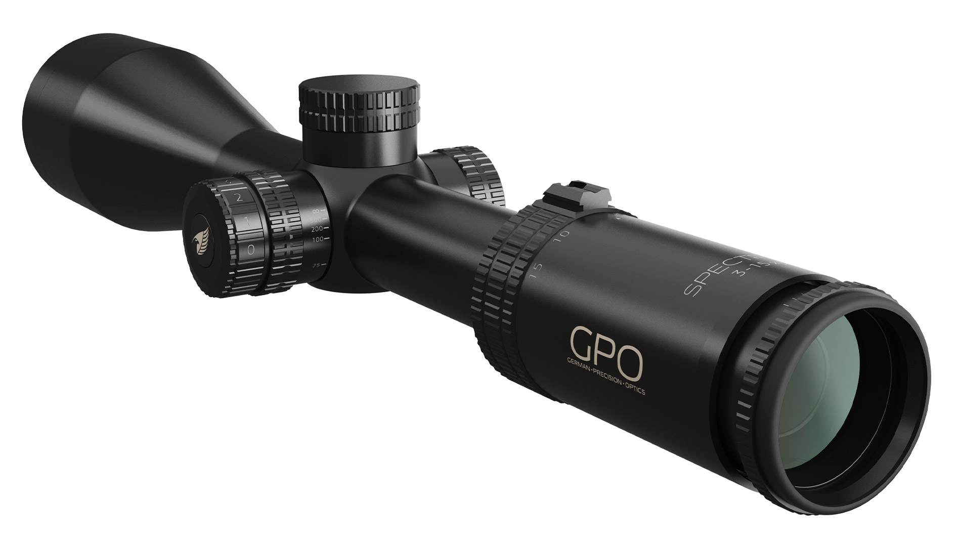 Zielfernrohr GPO Spectra 5x 3-15x56i, schräge Frontansicht rechts
