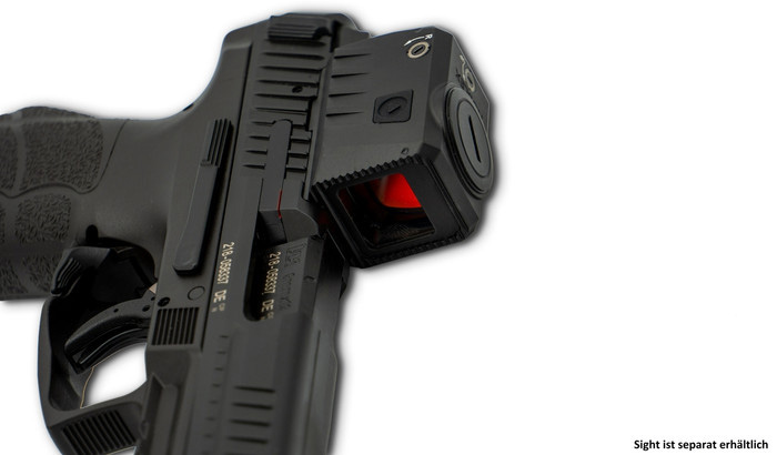 SFP9K OR A1 von Heckler und Koch, Abbildung mit einem montierten Sight welches separat erhältlich ist, Verbindungstelle wird in Detailansicht gezeigt
