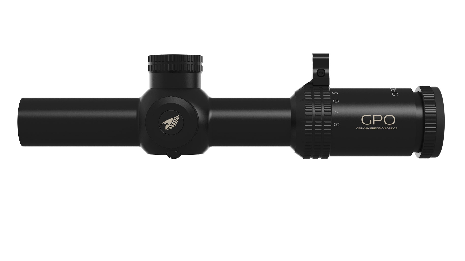 Zielfernrohr GPO Spectra 8x 1-8x24i, Seitenansicht links mit Throw Lever