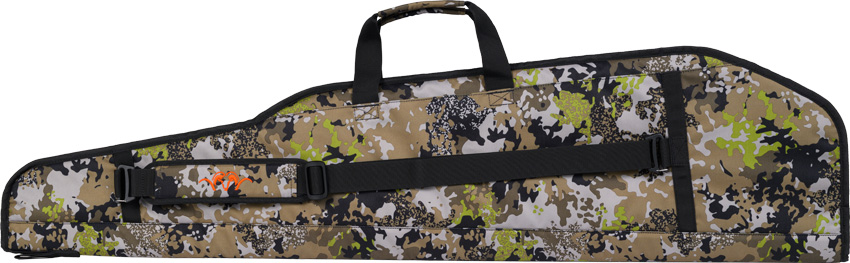 Linke Seitenansicht des Blaser Futterals Essential 128cm in HunTec CAMO aus strapazierfähigem Polyester mit Tragegurt zum Tragen auf dem Rücken.