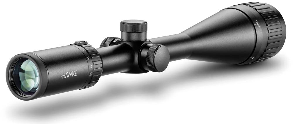 Vantage IR 4-16x50 AO von Hawke von der Okularseite aufgenommen und zur Seite gedreht sodass rechts zu sehen ist