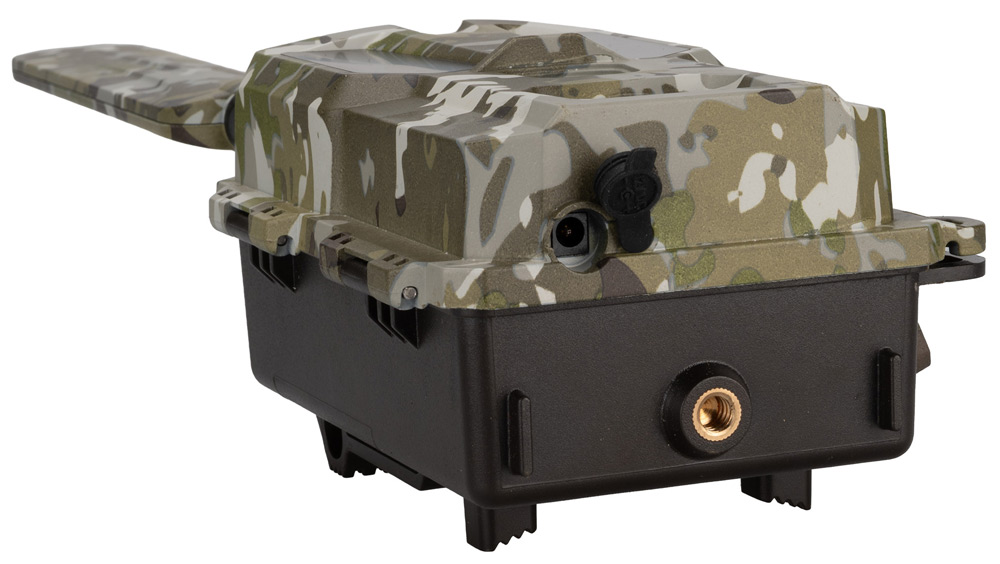 Ansicht der Modern Hunter Mini Wildkamera Hunter 4G von Bresser von unten, Vorderseite mit Camo-Muster, Rückseite einfarbig schwarz