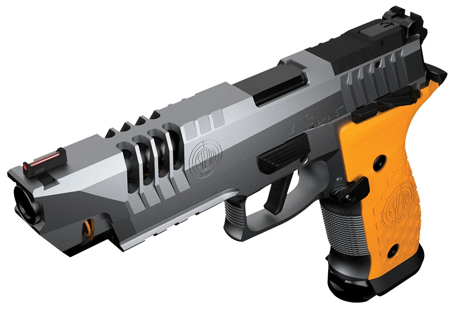 ATC Rock 5 OR von Steyr, zur Kamera geneigt sodass oberes Stück der Waffe zu erkennen ist, LPA-Sportvisier und Fiber-Frontsight