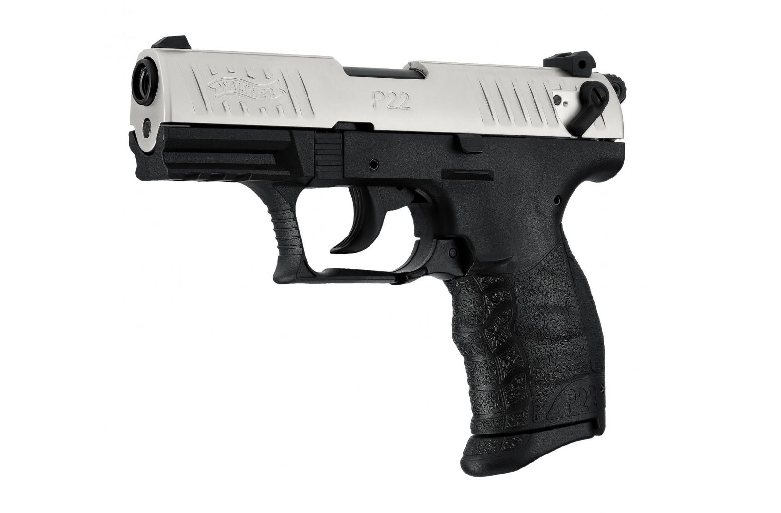 von vorn: Schreckschusspistole Walther P22Q  Hi Grip® Griffstück  Metallschlitten  Made in Germany 
