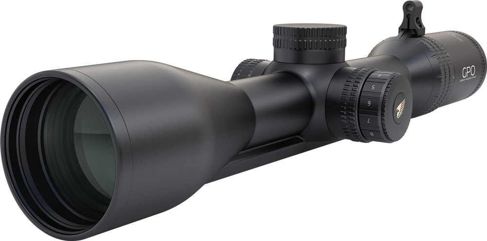 GPO Spectra 8x 2-16x50i, abgebildet von der Objektivseite her, Allround Zielfernrohr mit achtfachm Zoom für fast alle Jagdarten